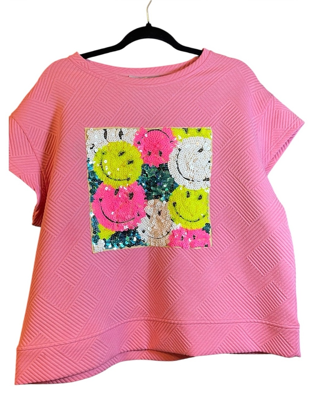 See and Be Seen Pink Sequin Smiley Face Top